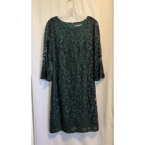Sharagano | Women's Dark Green Lace 3/4 Sleeve Shift Dress- Size 8